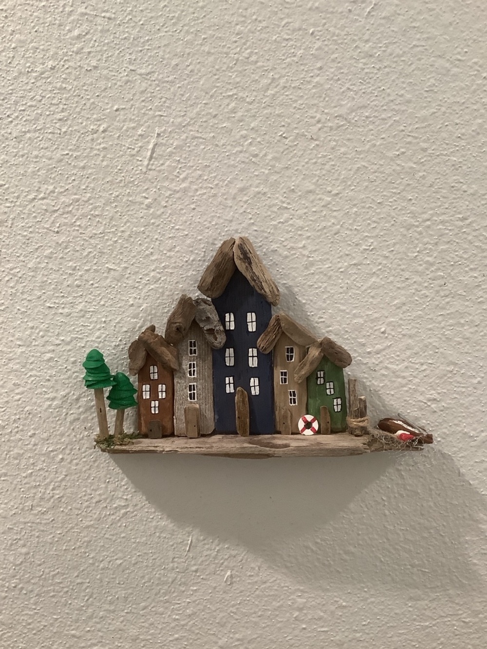 Driftwood Art, Driftwood Fishing Village With Seashell Trees, Coastal Wall Art